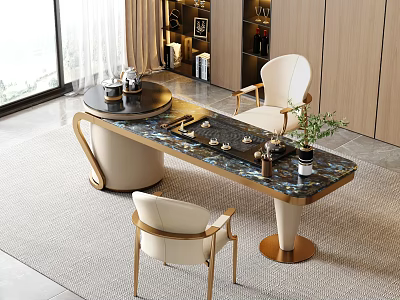 Modern Elegant Tea Table and Chairs with Golden Legs Marble Top and Tea Set 3d model