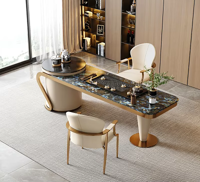 Modern Elegant Tea Table and Chairs with Golden Legs Marble Top and Tea Set 3d model