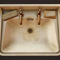 White Square Ceramic Washbasin with Two Brass Faucets Brush and Soap