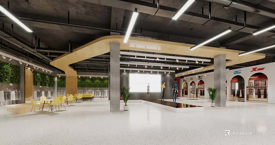 Modern Clothing Store Interior Design With Display Area Fitting Rooms And Ambient Lighting 3d model 