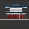 Traditional Chinese Architecture Two Story Structure With Blue Roof Red Pillars And White Railings
