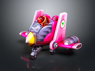 Cute Pink Cartoon Airplane With Red Character Yellow Nose Green Cross And Landing Gear Wheels 3d model