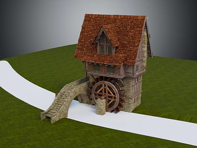 Traditional Watermill Cottage With Red Roof Wooden Structure And Water Wheel On Green Grass And White Path 3d model