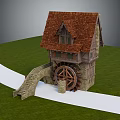 Traditional Watermill Cottage With Red Roof Wooden Structure And Water Wheel On Green Grass And White Path