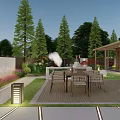 Modern Garden Wall Design In Outdoor Dining Area With Greenery And Purple Trees