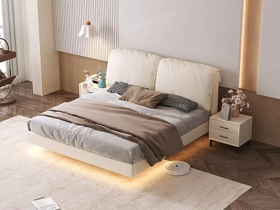 Double Bed With Beige Upholstered Headboard LED Light Strip Light Gray Sheets And Brown Blanket 3d model