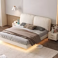 Double Bed With Beige Upholstered Headboard LED Light Strip Light Gray Sheets And Brown Blanket