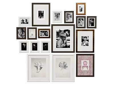 Eclectic Gallery Wall With Black White Brown Frames Photos Art Prints And Sketches 3d model