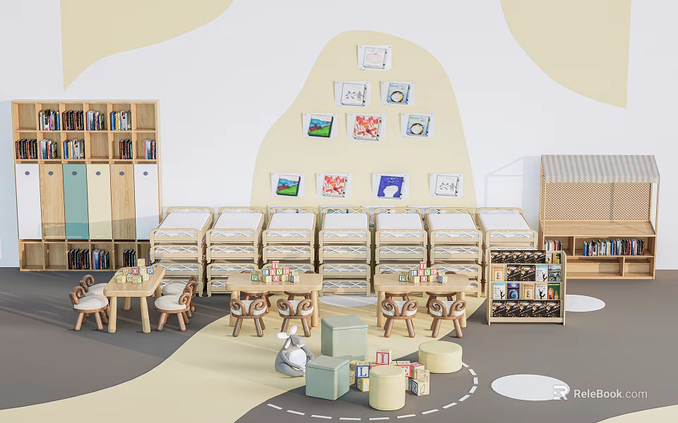 Children's Table And Chairs In Kids Activity Room With Bookshelves 3d model 