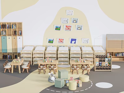 Children's Table And Chairs In Kids Activity Room With Bookshelves 3d model