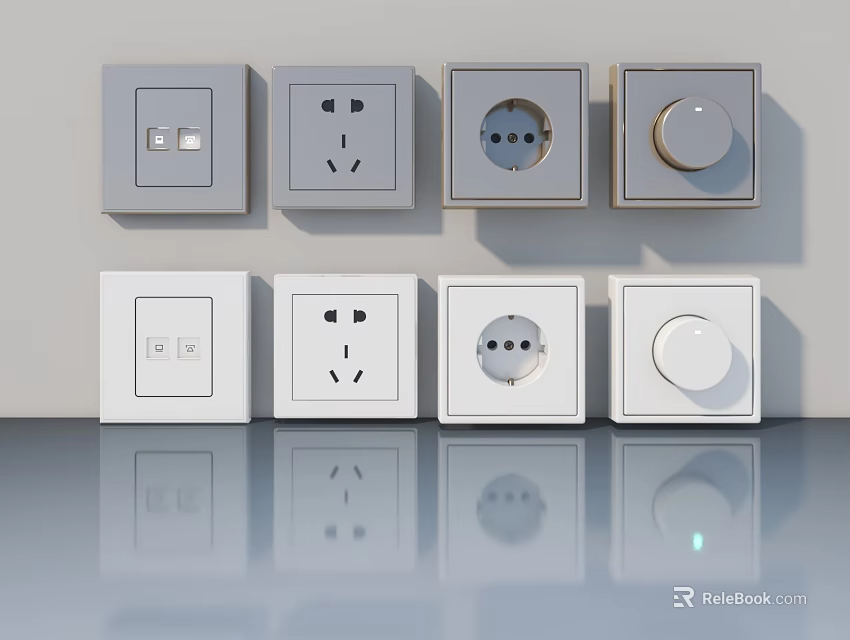 Modern Square Electrical Switches and Power Sockets in Grey White Design 3d model 