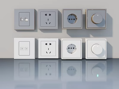 Modern Square Electrical Switches and Power Sockets in Grey White Design 3d model