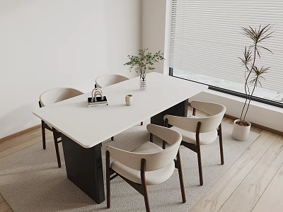 Modern Dining Table Set with White Top Light Colored Chairs Green Plants Near Window 3d model