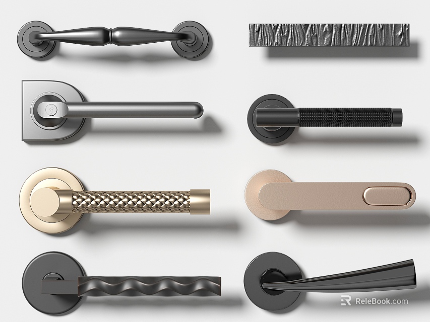 Various Stylish Door Handles In Modern Designs With Metal And Textured Finishes 3d model 