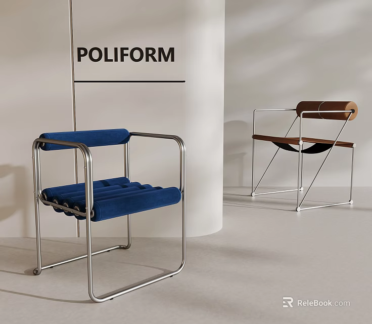 POLIFORM Modern Chairs With Blue And Brown Upholstery In Minimalist Setting 3d model 