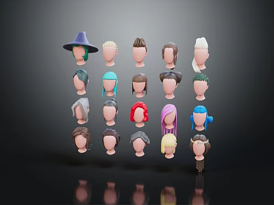 Collection of Diverse 3D Head Models with Various Hairstyles and Hats 3d model