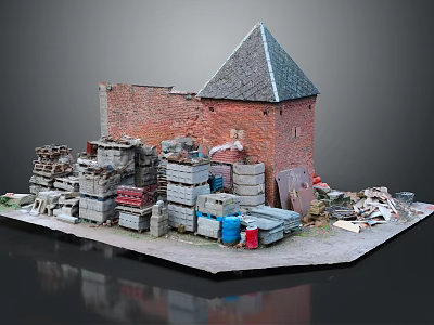 Red Brick Building With Pointed Roof Surrounded By Stacked Wooden Crates Barrels And Debris 3d model