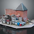 Red Brick Building With Pointed Roof Surrounded By Stacked Wooden Crates Barrels And Debris