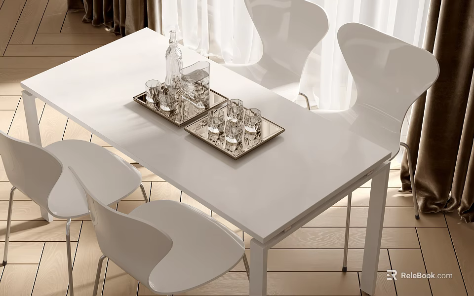 Modern White Dining Table Set With Silver Trays Glassware White Chairs And Wooden Flooring 3d model