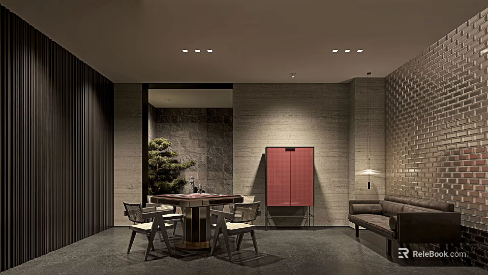 Elegant Modern Hotel Mahjong Room Interior With Round Table Comfortable Chairs Sofa And Decorative Plant 3d model 
