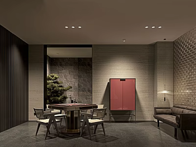 Elegant Modern Hotel Mahjong Room Interior With Round Table Comfortable Chairs Sofa And Decorative Plant 3d model