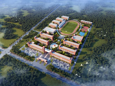 Aerial View of School Campus with Red brick Buildings Sports Field and Greenery 3d model