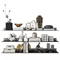 Stylish Decorative Ornament Combination On Multi Tiered Shelves With Geometric Abstract Marble Metallic Pieces