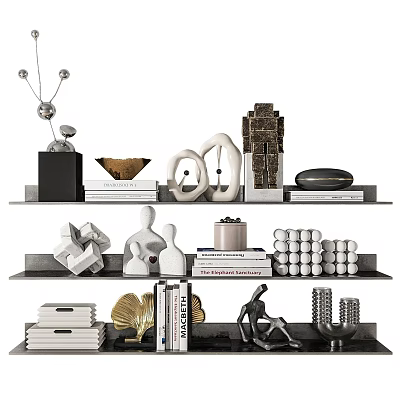 Stylish Decorative Ornament Combination On Multi Tiered Shelves With Geometric Abstract Marble Metallic Pieces 3d model