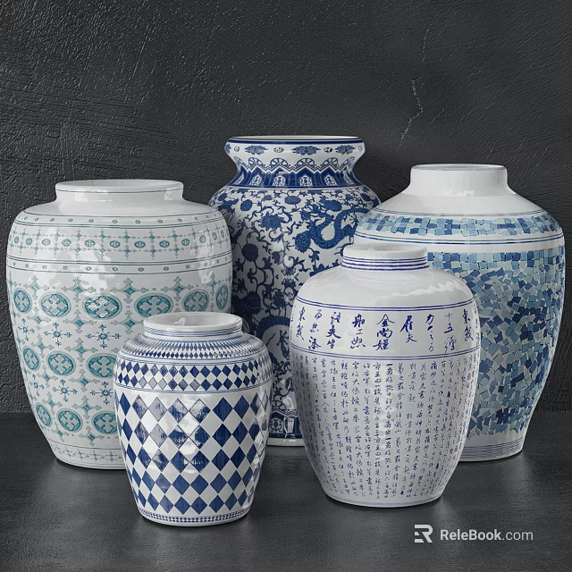 Lush Green Plants Displayed in Blue and White Patterned Vases on Dark Background 3d model 