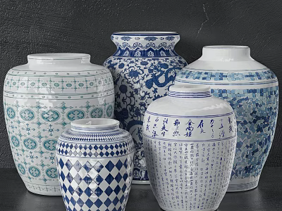 Lush Green Plants Displayed in Blue and White Patterned Vases on Dark Background 3d model