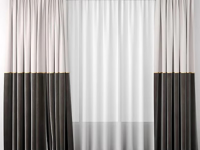 Two Tone White And Dark Brown Curtains With Sheer Middle Panel And Gold Trim Edges 3d model