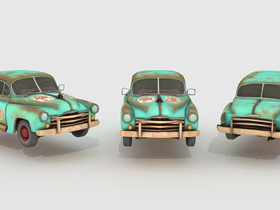 Three Vintage Teal Cars Rustic Classic Design Lined Up Together 3d model