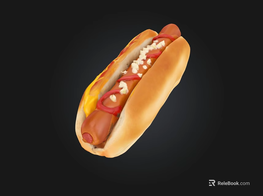 Delicious Hot Dog In Soft Bun With Sausage Ketchup Mustard And Onion Bits 3d model 