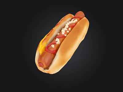 Delicious Hot Dog In Soft Bun With Sausage Ketchup Mustard And Onion Bits 3d model