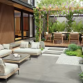 Beautiful Courtyard Garden With Outdoor Sofas Wooden Pergola Vines And Stone Patio