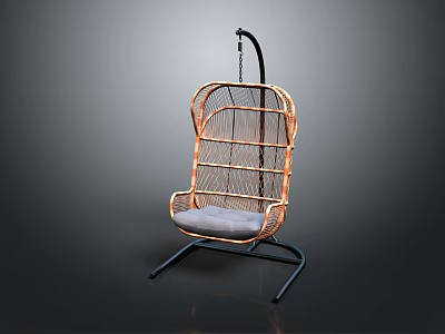 Modern Rattan Hanging Chair with Gray Cushion and Black Metal Stand Design 3d model
