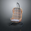 Modern Rattan Hanging Chair with Gray Cushion and Black Metal Stand Design