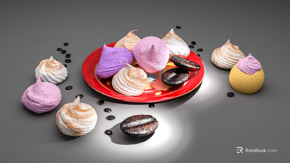 Assorted Colorful Meringues on Red Plate Decorated with Coffee Beans 3d model 