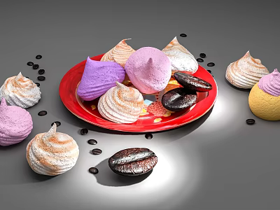 Assorted Colorful Meringues on Red Plate Decorated with Coffee Beans 3d model