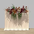 Elegant Floral Arrangement with Red Brown White Blooms and Green Foliage on Cream Curtain Backdrop