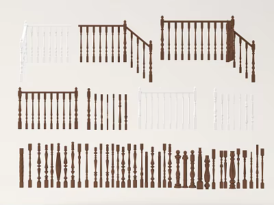 Railings and Balusters in Various Architectural Styles with White and Brown Designs 3d model