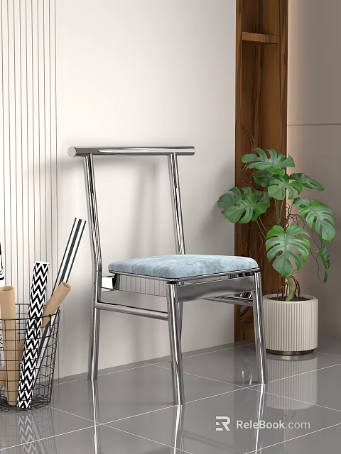Modern Leisure Chair With Chromed Steel Frame Light Blue Padded Seat And Monstera Plant Indoor 3d model 