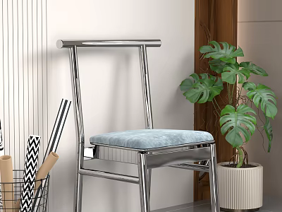 Modern Leisure Chair With Chromed Steel Frame Light Blue Padded Seat And Monstera Plant Indoor 3d model