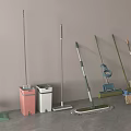 Essential Household Cleaning Supplies Including Mops Brooms And Colorful Waste Bins