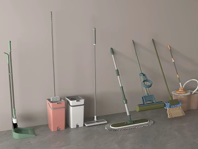 Essential Household Cleaning Supplies Including Mops Brooms And Colorful Waste Bins 3d model