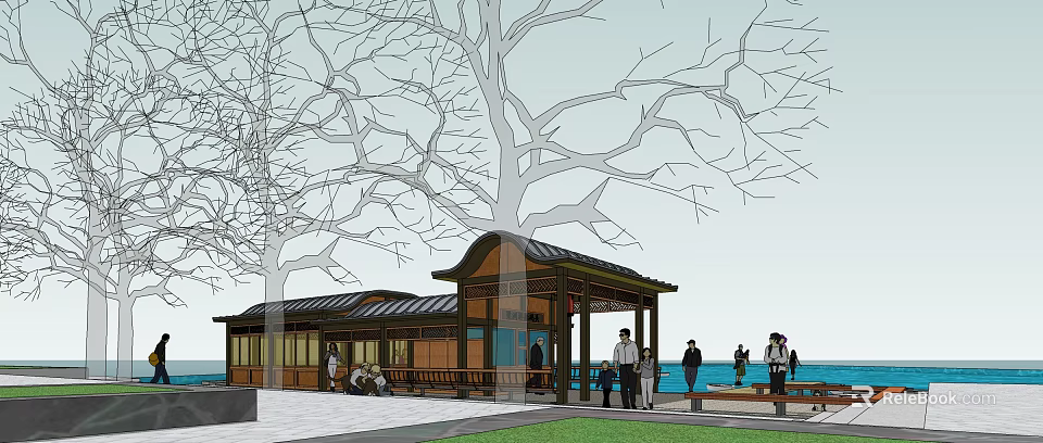 Outdoor Pavilion With Wooden Roof And Seating Area Among Bare Trees And People 3d model 