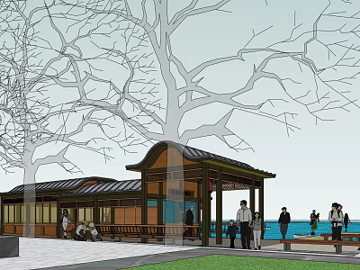 Outdoor Pavilion With Wooden Roof And Seating Area Among Bare Trees And People 3d model