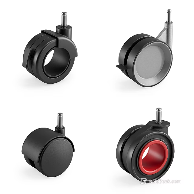 Black Caster Wheel Accessories With Various Designs Metal Stem And Red Accent Part 3d model 