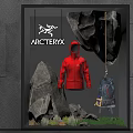 ARCTERYX Outdoor Themed Window Display With Red Jacket Backpack Rocks And Rope