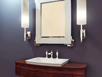 Modern Bathroom Washbasin With Wooden Countertop Mirror And Wall Sconces On Dark Wall 3d model